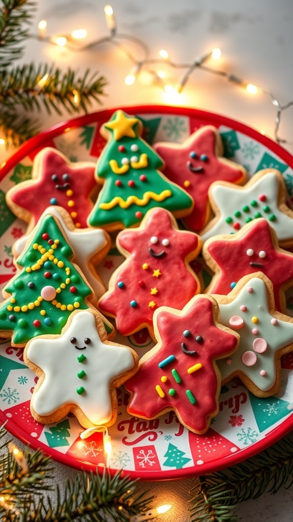 A plate of decorated Christmas cookies with sprinkles, set against a festive background of holiday lights and greenery.
